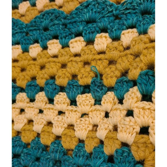 Vintage Hand Knit Crochet Granny About 44" Throw Blanket Afghan Teal Beige Green - Picture 6 of 9